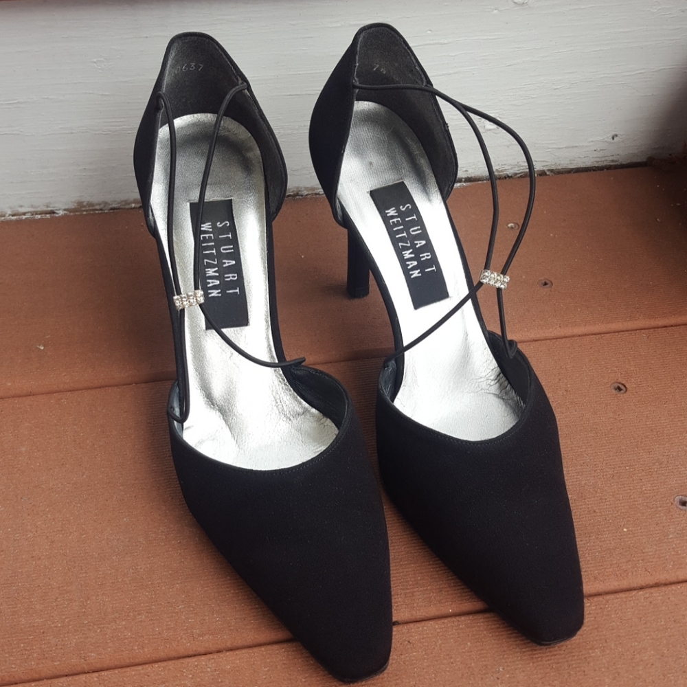 Stuart Weitzman Black Pointed Toe Slingback Heels with Rhinestone Accent